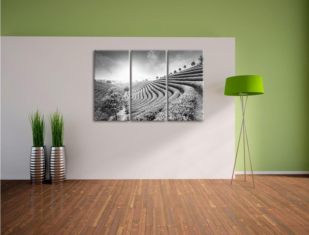 Pixxprint Japanische Treppenfelder Kunst B&W als Leinwandbild | Grösse: 3 Teilig (120x80) | Wandbild