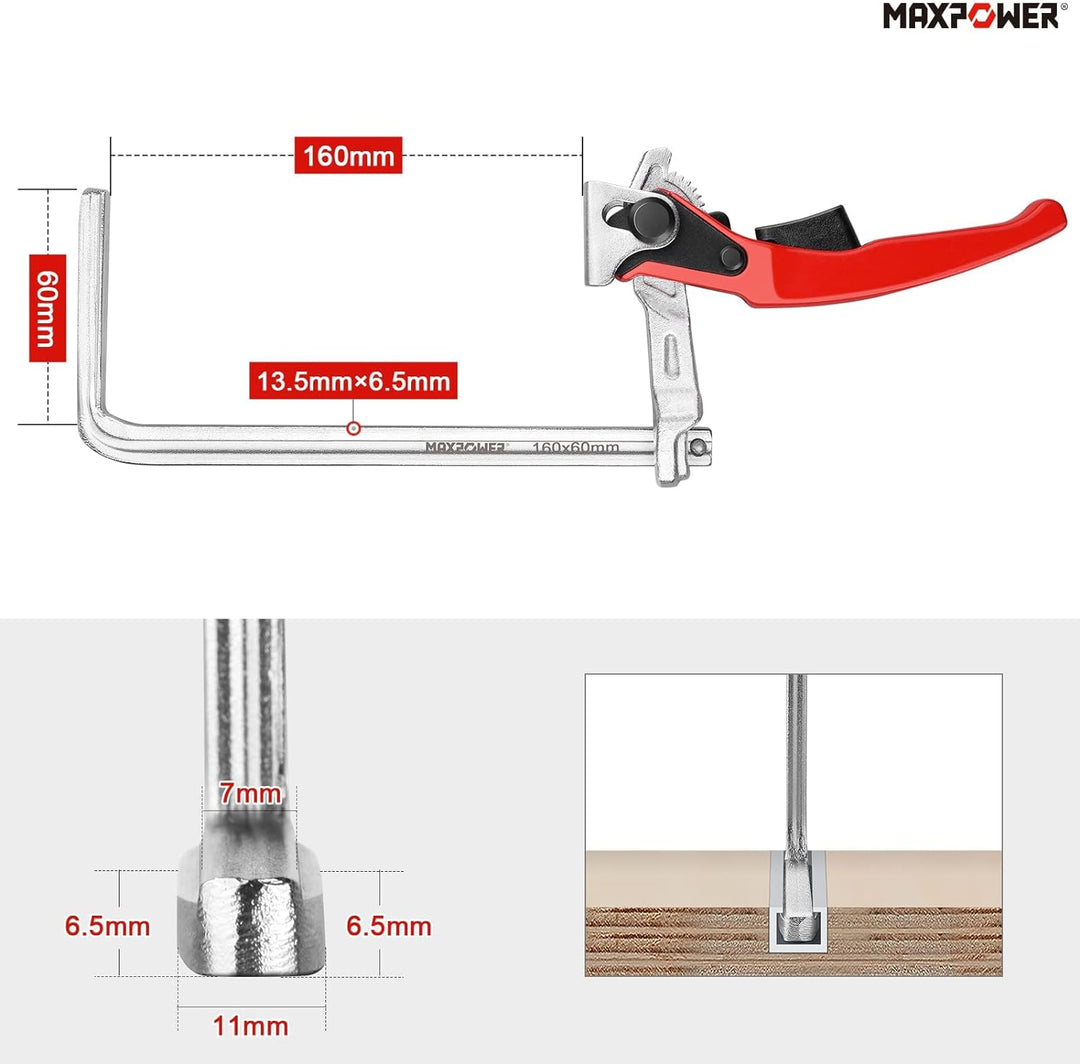 MAXPOWER 1 Stück Tischzwinge Hebelzwinge für führungsschienen mit 160mm Kapazität und 60mm Kehlentie