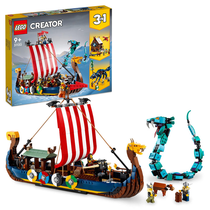 LEGO 31132 Creator 3in1 Wikingerschiff mit Midgardschlange, Set mit Schiff, Haus, Spielzeug-Wolf und