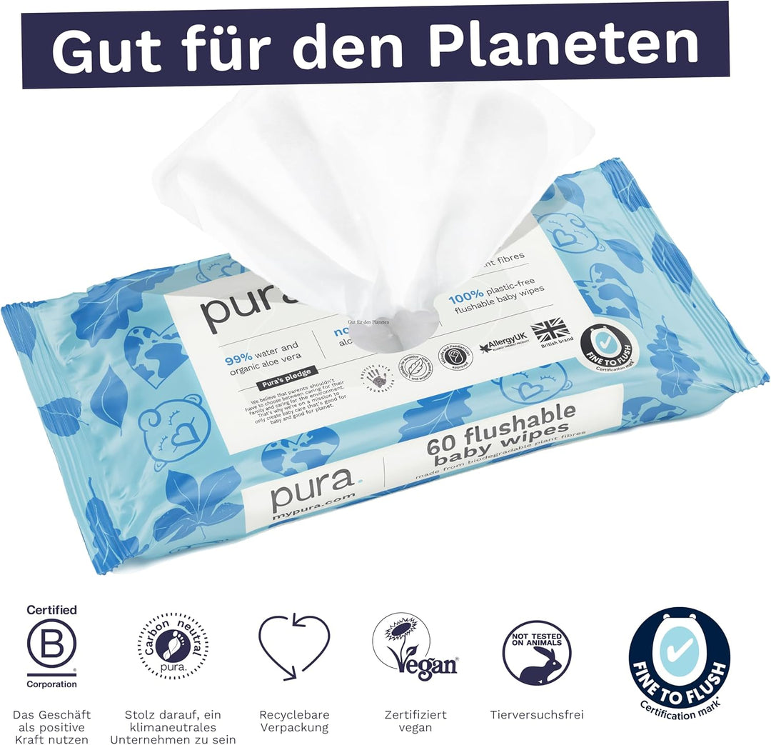 Pura Spülbare Öko-Baby-Feuchttücher für empfindliche Babyhaut, 180 Tücher (3 x 60 Tücher), 99% Wasse