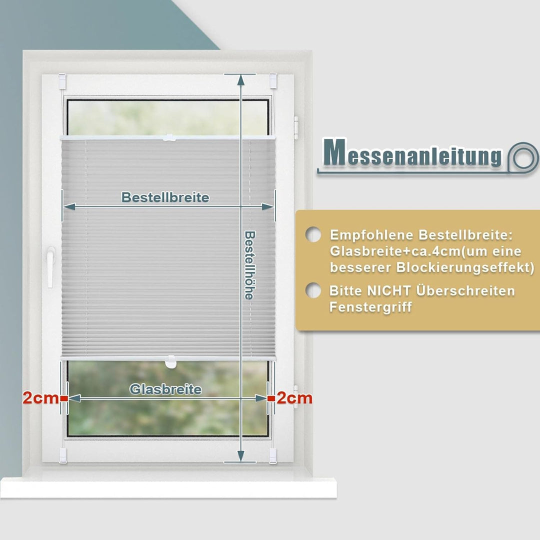 Buseu Plissee Klemmfix 35x80cm(BXH) Hellgrau Easyfix Faltrollo ohne Bohren Lichtdurchlässig Rollos f