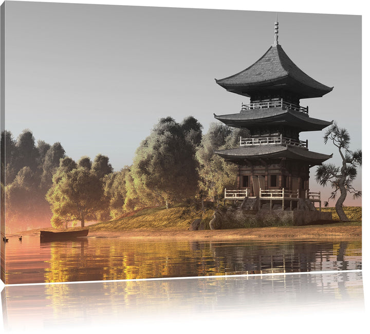 Pixxprint asiatischer Tempel an See als Leinwandbild/Grösse: 100x70 cm/Wandbild/Kunstdruck/fertig be