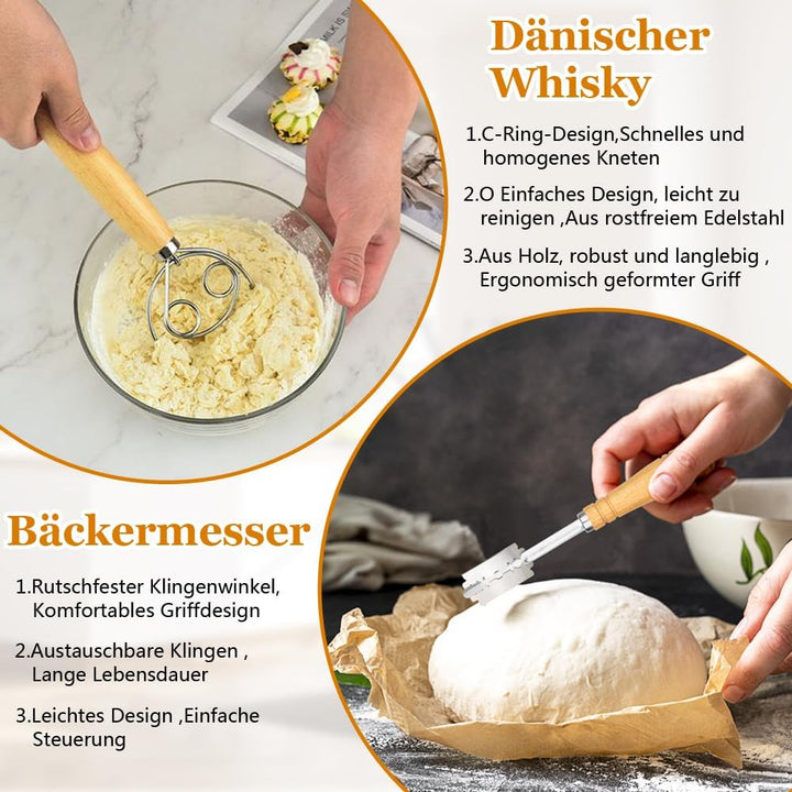 Sauerteig Starter Set mit 2 Gärkörbchen Oval Rund&Brot Backen Zubehör, Gärkorb Brot mit Teigschaber,