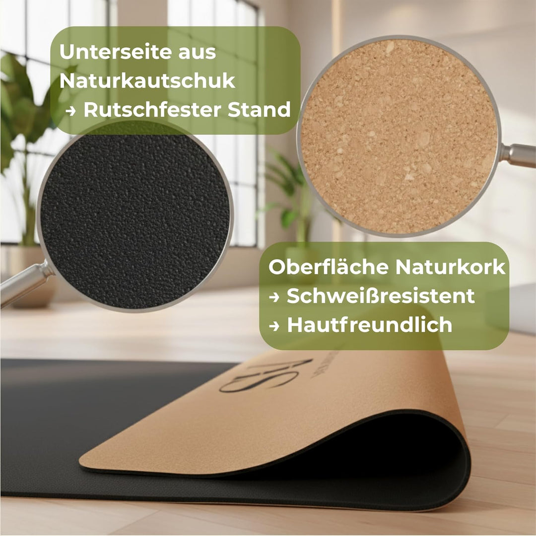 Kork Yogamatte hochwertig 183×68×4,5 mm – Feiner Naturkork & Naturkautschuk – extra breit, rutschfes