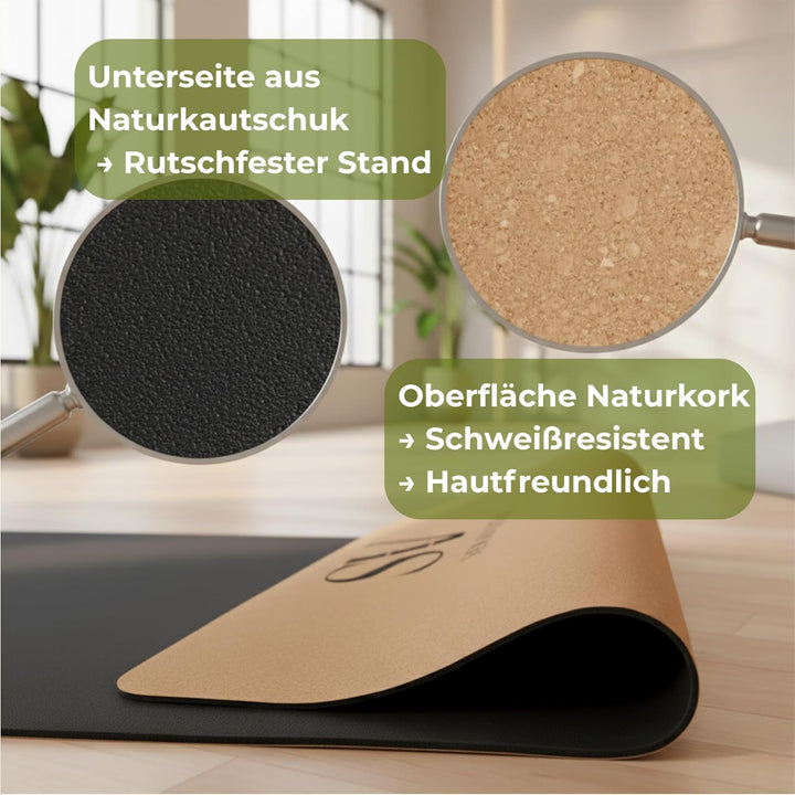 Kork Yogamatte hochwertig 183×68×4,5 mm – Feiner Naturkork & Naturkautschuk – extra breit, rutschfes