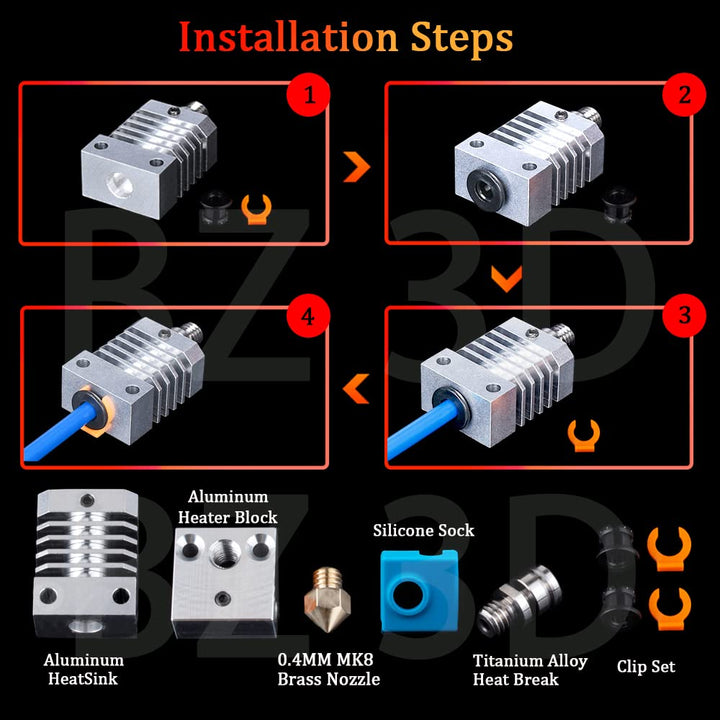 BZ 3D Ender 3 All Metal Hotend Upgrade Kit,Heatbreak Titanlegierung,MK8 Messing düse 0,4 mm für Ende