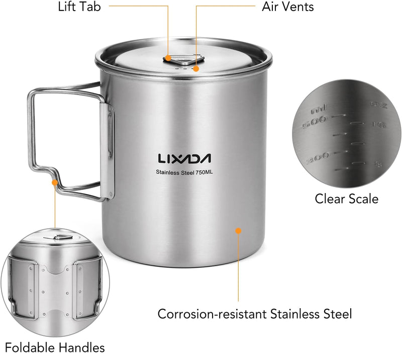 Lixada Camping Topf Edelstahl Titan Tasse Becher 750ml mit Faltbaren Griffe und Deckel Outdoor Kocht