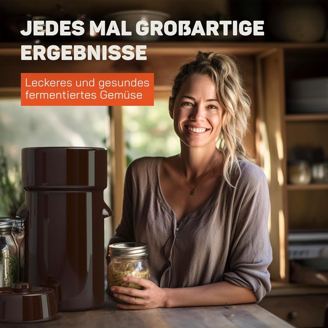 Gärtopf 4 Liter zum Einlegen & Fermentieren – Sauerkrauttopf mit Deckel, Krautstampfer & Fermentierg