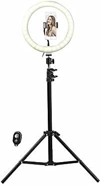 Somikon Handy Stativ mit Licht: LED-Ringlicht, Handy-Halter, Stativ, Fernauslöser, Ø 10" / 25 cm (Li
