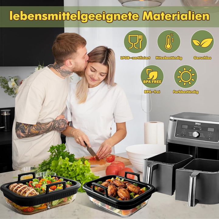 2er Set Glas Auflaufform für Airfryer mit Silikongriffen für Ninja Heissluftfritteuse Zubehör AF400E