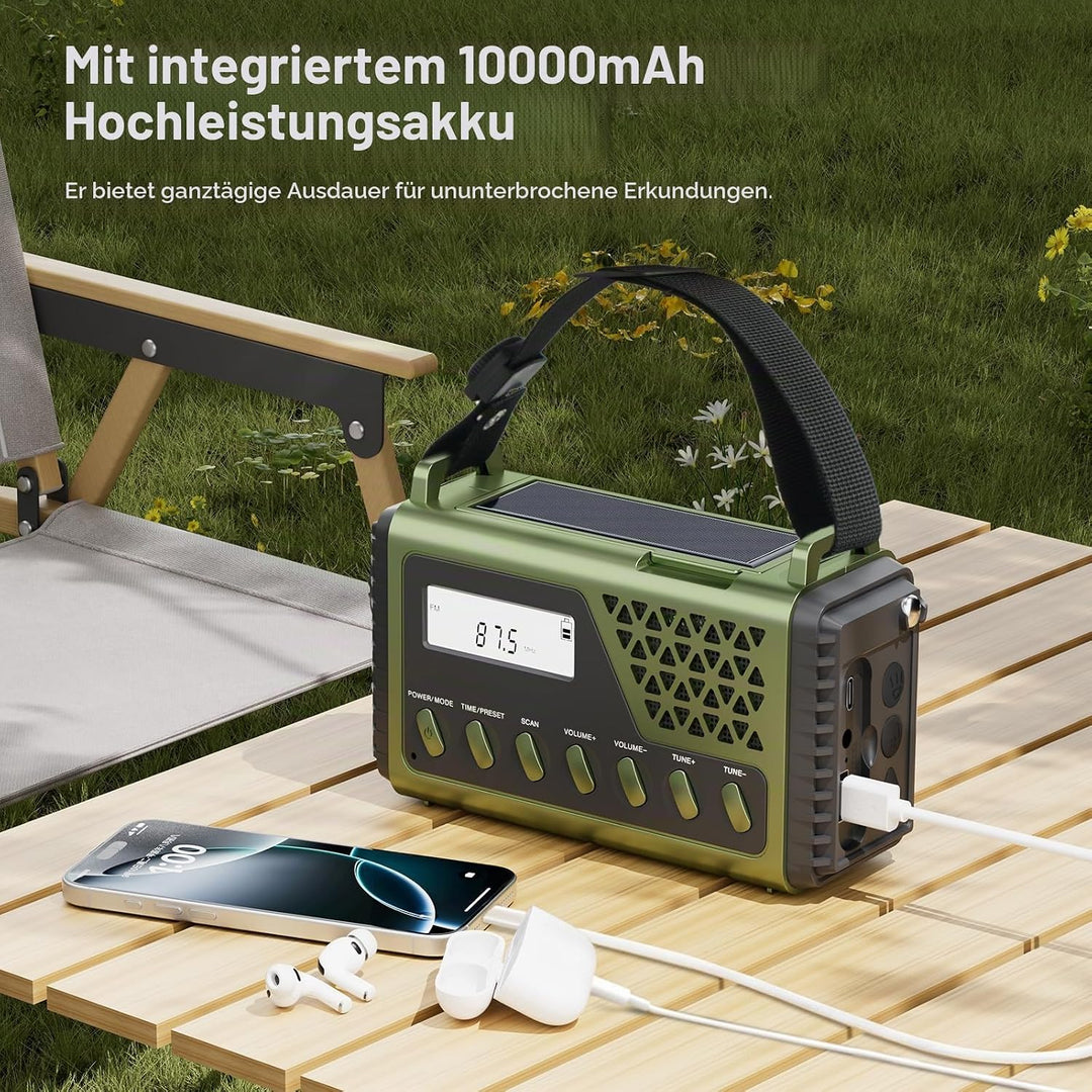 Solar Kurbelradio mit Bluetooth, AM/FM/SW Notfallradio mit 10000mAh USB Powerbank, Radio Batteriebet
