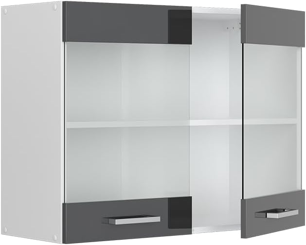 Vicco Küchenschrank Glas R-Line, Anthrazit Hochglanz/Weiss, 80 cm Anthrazit Hochglanz Hängeglasschra