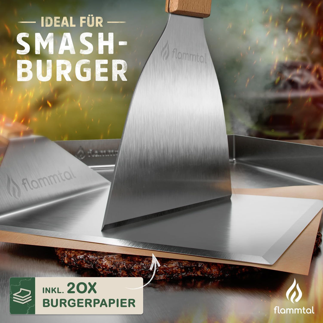 flammtal [Das Original] - Smash Burger Set mit 20x Burgerpapier - Grillspachtel Set aus Edelstahl -
