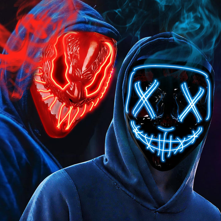 OUILA LED Halloween Maske, 2 Pack Neon Leuchtmaske mit 3 Leuchtmodi für Herren, Damen, Cosplay, Hall