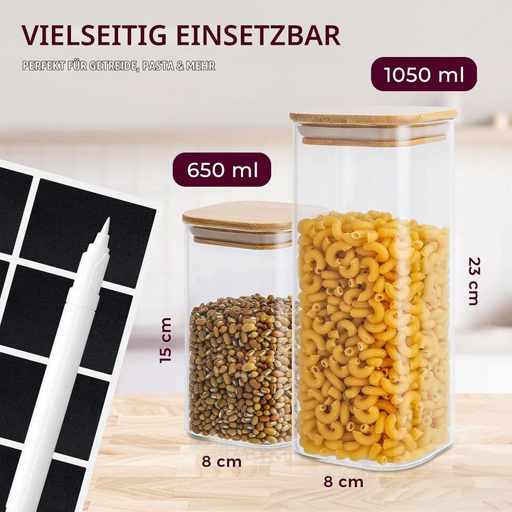 Premium Vorratsgläser eckig [650 &amp; 1050 ml] Extra Robust | Vorratsdosen Glas mit Deckel | Vorratsbeh