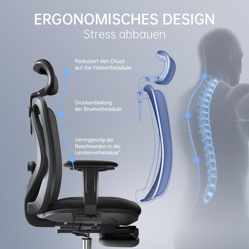 SIHOO Ergonomischer Büro-Liegestuhl mit Fussstütze, Computer-Schreibtischstuhl, verstellbaren Kopfst