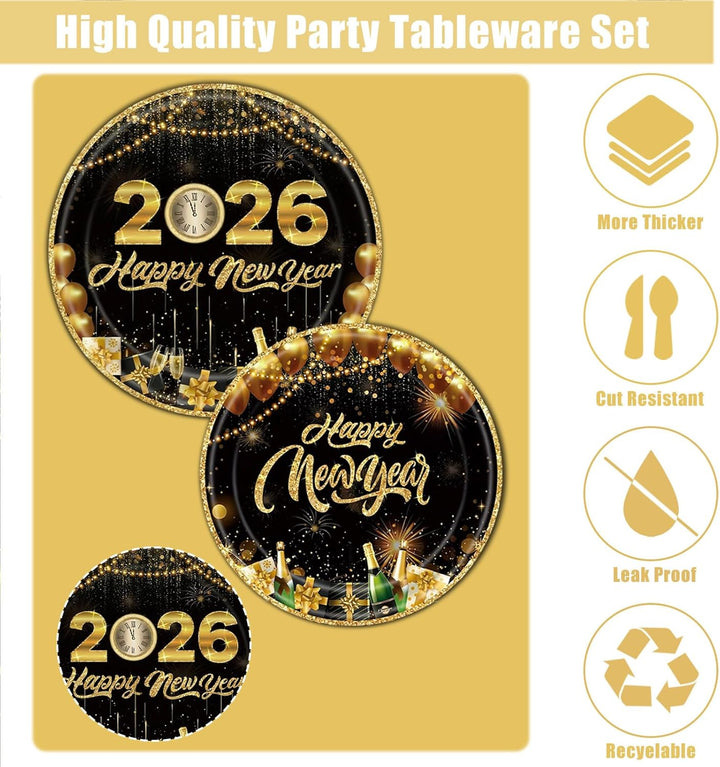 2026 Silvester Partygeschirr für 20 Gäste, 82 Stück Neujahr Partygeschirr mit Silvester Pappteller P