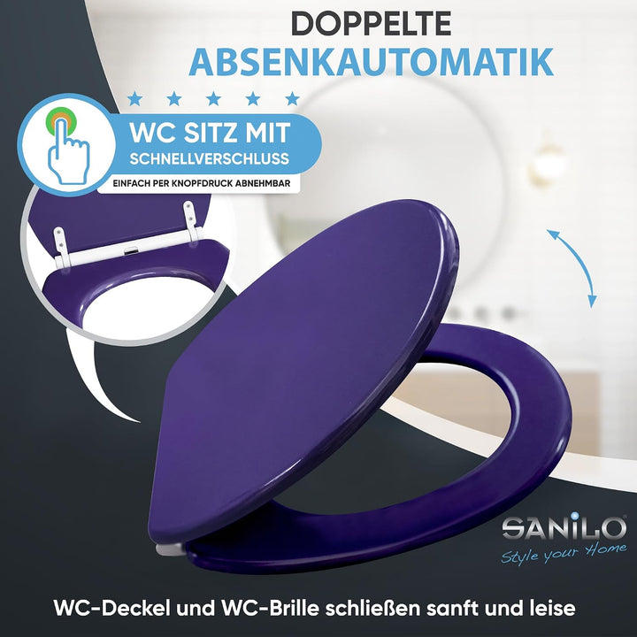 Sanilo WC Sitz mit Absenkautomatik &amp; Quick-Release aus Holz, Glitzer Lila