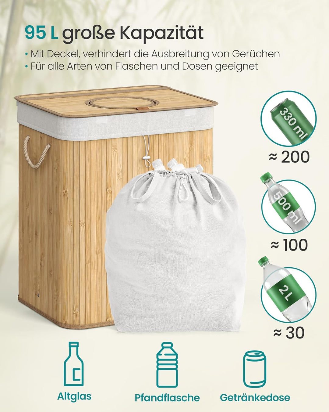 SONGMICS Pfandflaschen-Sammelbehälter, 95 L Pfandflaschen-Behälter, Bambus, Flaschensammler Leergut,