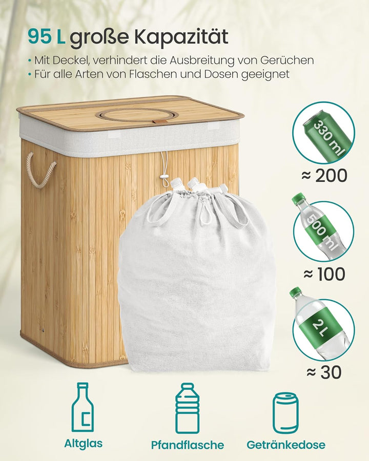 SONGMICS Pfandflaschen-Sammelbehälter, 95 L Pfandflaschen-Behälter, Bambus, Flaschensammler Leergut,