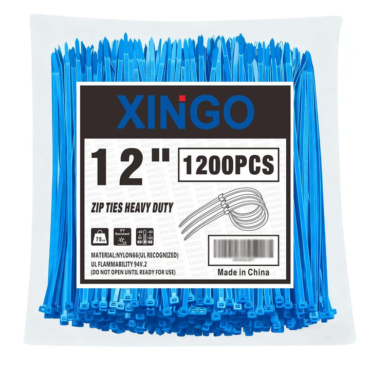 XINGO 30,5 cm blaue Kabelbinder, 1200 Stück, 34 kg, ultrastarke Zugfestigkeit, UV-beständige Kabelbi