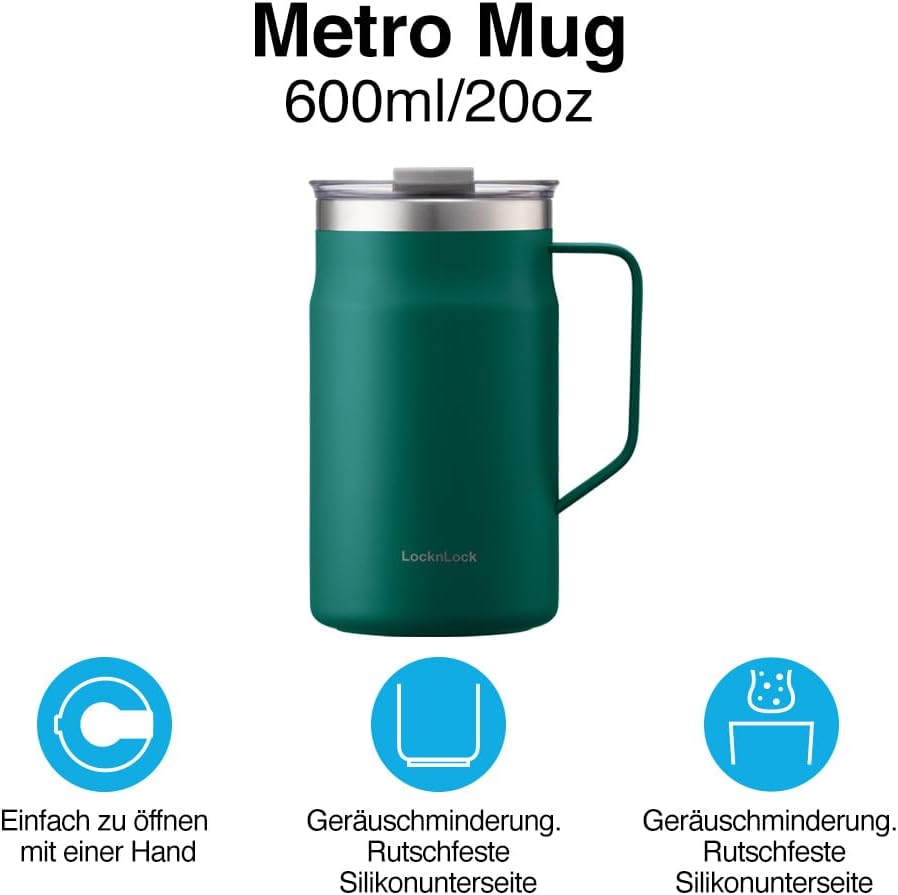 LocknLock Metro Becher Premium 18/8 Edelstahl doppelwandig isoliert mit Griff, perfekt für Tisch mit