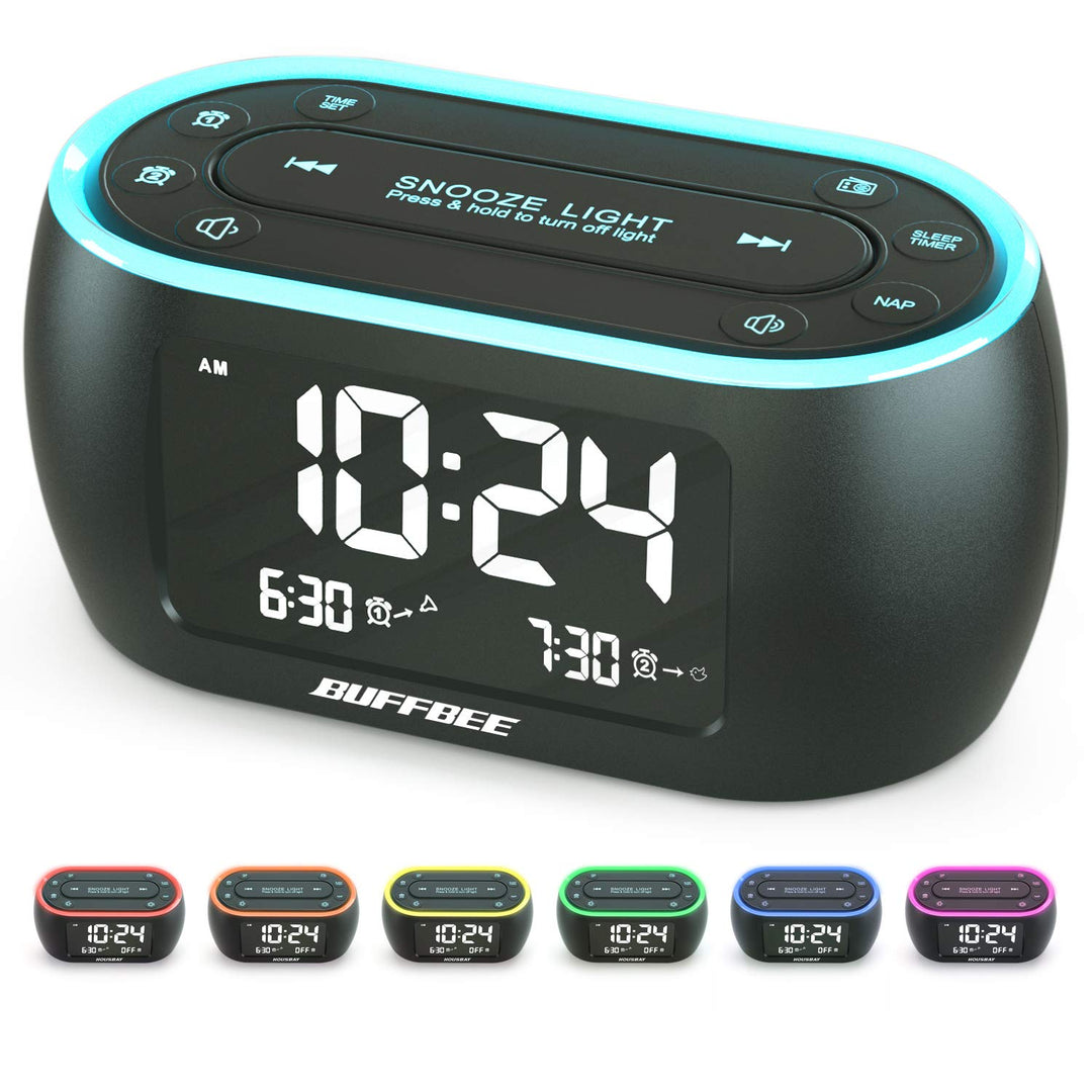 BUFFBEE Nachttisch-Wecker-Radio mit 7-Farben, Dual-Alarm, Snooze, Dimmer, USB-Ladegerät, Nap Timer,