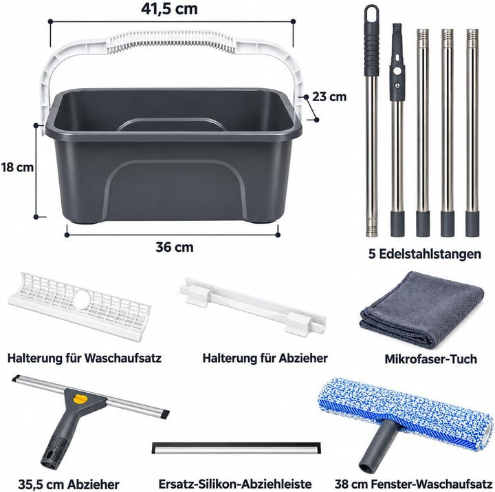 Fensterputzer Set mit Eimer und 196 cm Teleskopstange