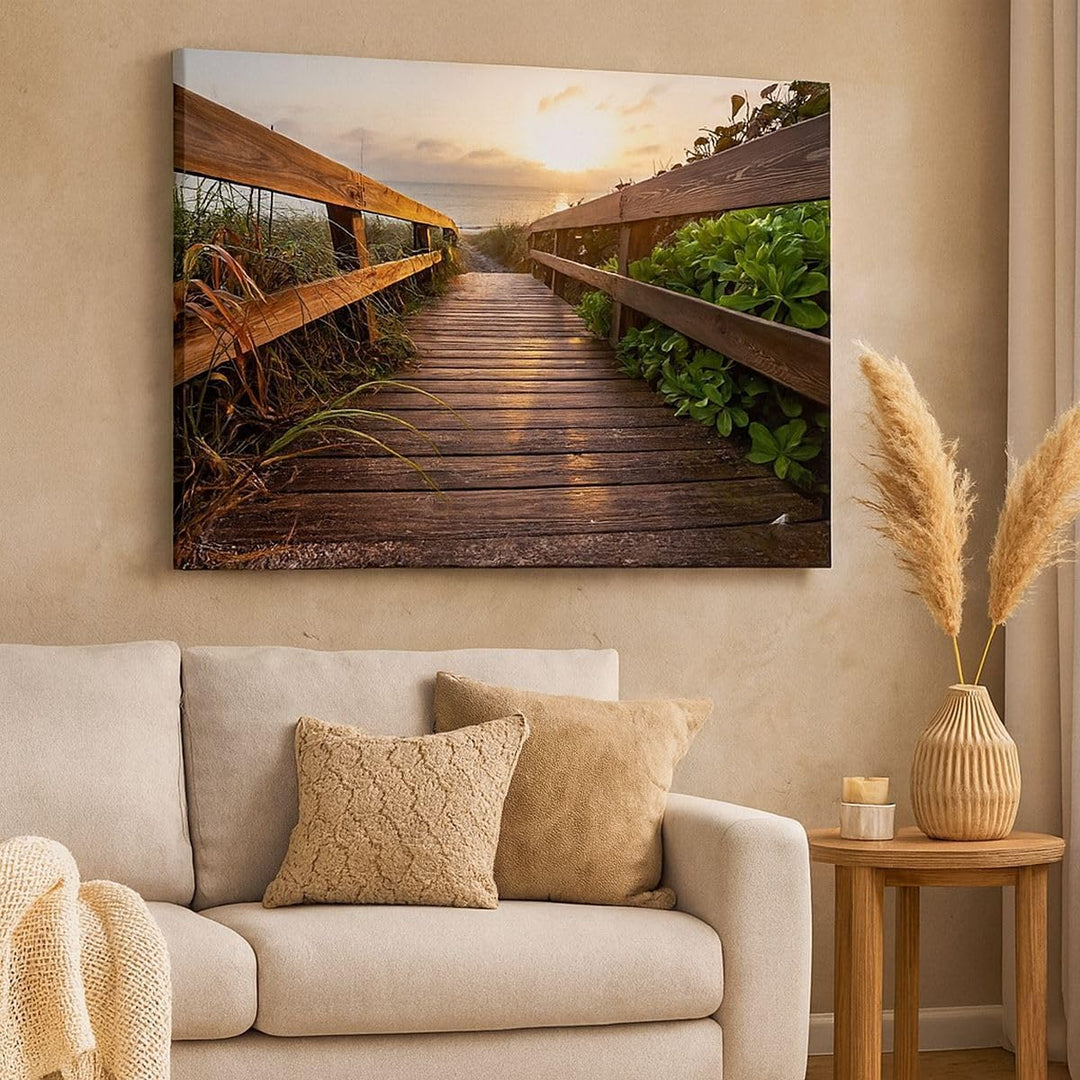 Bilder auf Leinwand 100x70cm Leinwandbild Fussgängerbrücke Meer Strand Ufer Gross Wanddeko Bild Schl