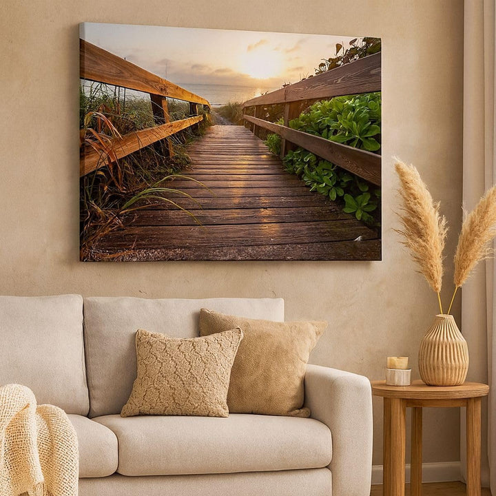 Bilder auf Leinwand 100x70cm Leinwandbild Fussgängerbrücke Meer Strand Ufer Gross Wanddeko Bild Schl