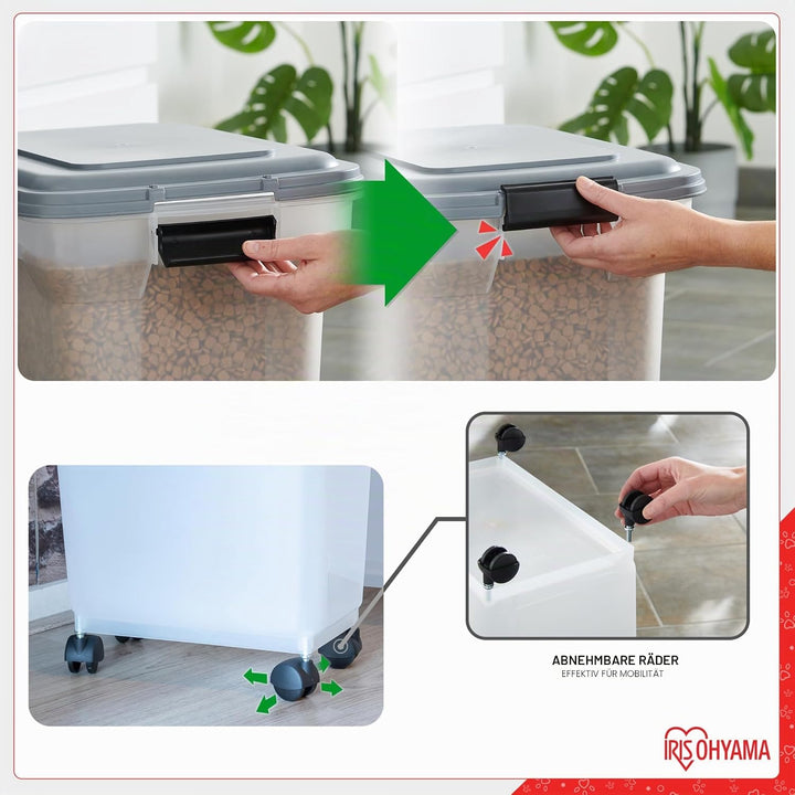 Iris Ohyama Hundefutter Aufbewahrung mit Rollen, 20L/7.5kg, Grau, Luftdichte Futterbox, Trockenfutte