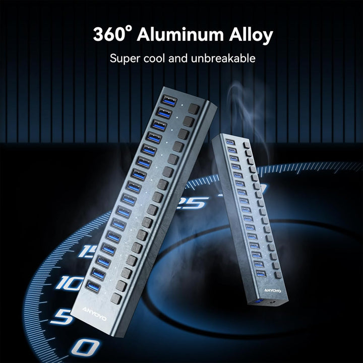 Powered USB Hub - 16 Ports 90W USB 3.0 Data Hub - mit Individuellen EIN-/Ausschaltern und 12V/7.5A N