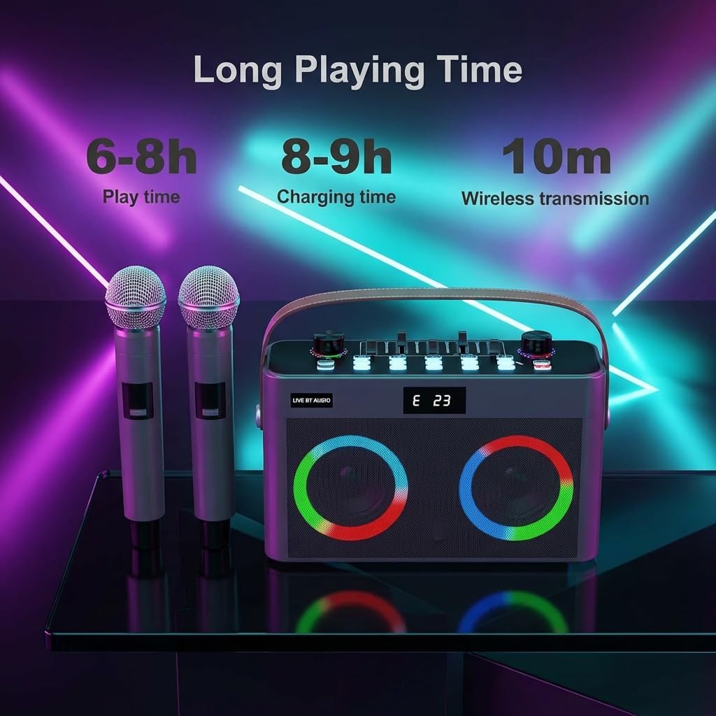 MT-VIKI Audio Mixer Bluetooth Karaoke Maschine Lautsprecher mit 2 drahtlosen Mikrofonen + Handschlau