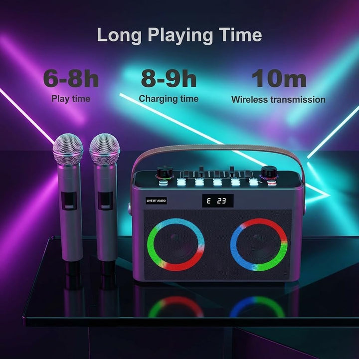 MT-VIKI Audio Mixer Bluetooth Karaoke Maschine Lautsprecher mit 2 drahtlosen Mikrofonen + Handschlau