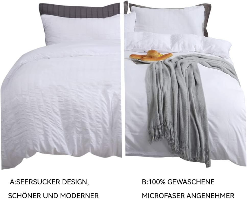 Boqingzhu Seersucker Bettwäsche Weiss 155x220cm 3 Teilig Uni Sommer Atmungsaktiv Kühlende Wende Bett