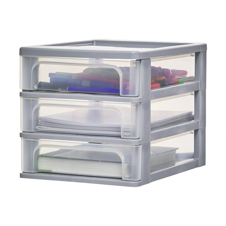 Iris Ohyama, Schreibtisch-Organizer mit 3 tiefen Schubladen, Grau, Easy-Pull-System, A4, A5 & A6 For