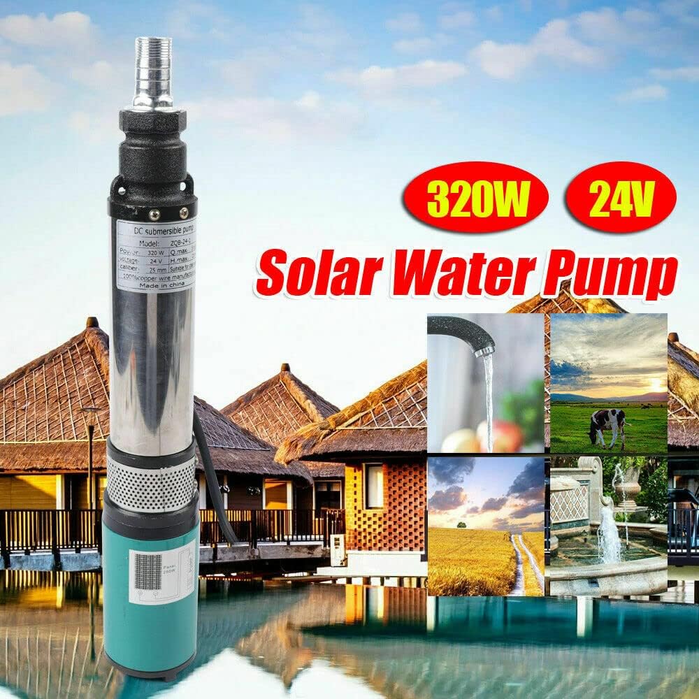Tiefbrunnenpumpe, 320W Solar Brunnenpumpe Edelstahl DC 24V Wasserpumpe Tauchpumpe 25m 5m³/h Schraube