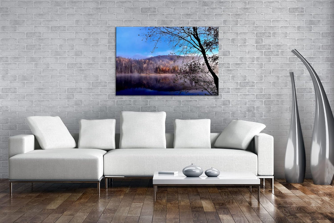 deyoli schöne Herbstlandschaft am See im Format: 80x60 als Leinwandbild, Motiv fertig gerahmt auf Ec