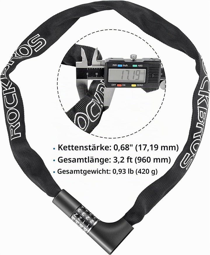 ROCKBROS Fahrradschloss Zahlenschloss mit Zahlen 96CM/17.19mm Hohe Sicherheitsstufe Kettenschloss mi