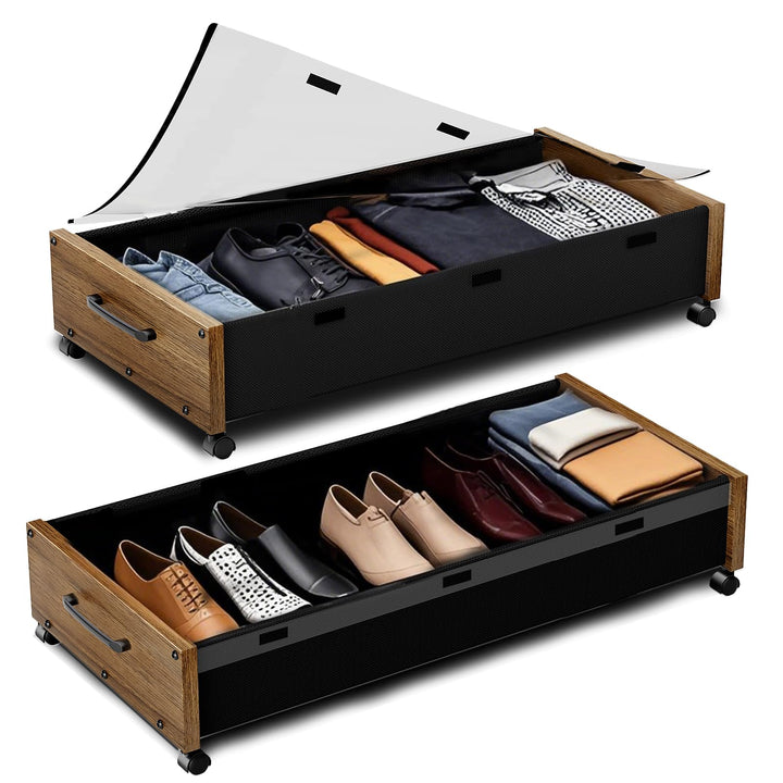 Unterbett-Aufbewahrung mit Rollen, 2er-Pack Holz-Aufbewahrungsbehälter Extra Gross Unterbett-Schuh-O