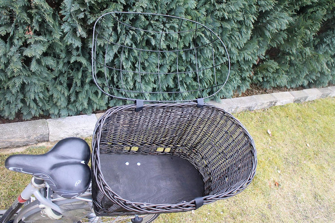 Hundefahrradkorb für Gepäckträger aus Weide mit Metallgitter und Kissen Schwarz XL oder XXL Gepäcktr