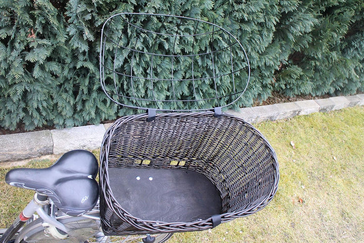 Hundefahrradkorb für Gepäckträger aus Weide mit Metallgitter und Kissen Schwarz XL oder XXL Gepäcktr