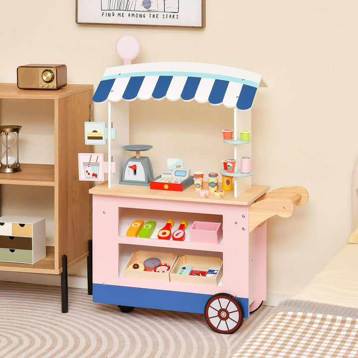 COSTWAY Kaufladen Kinder, Kaufmannsladen Holz mit 2 Ablagen, Schiebegriff &amp; Zubehör, Einkaufsladen a