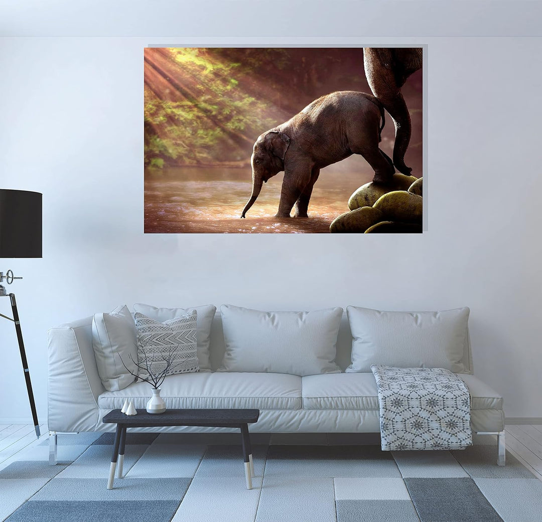 Artley Prints Baby Elefant und Mutter im Wald Leinwanddruck Tier-Wandkunst Bilder Home Office Decor