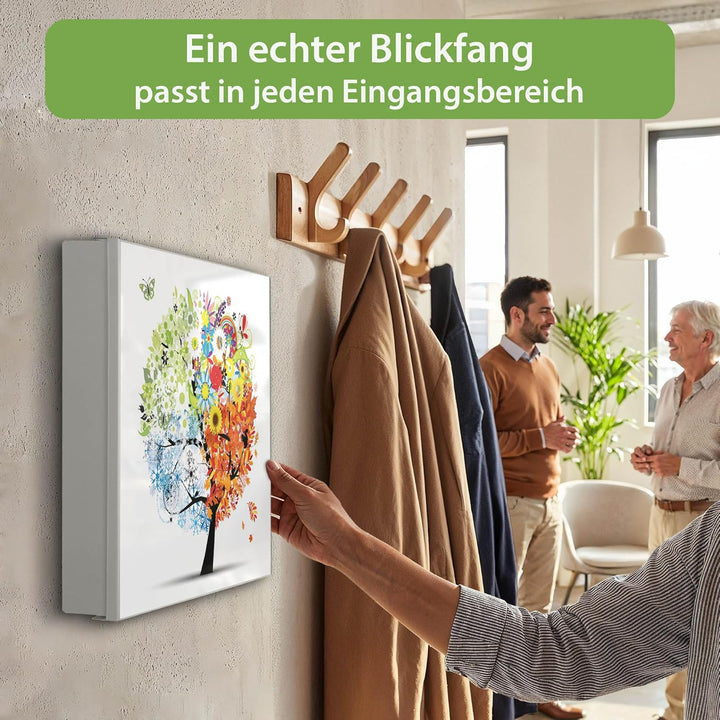 banjado® Grosser Schlüsselkasten Glas/Schlüsselbox 30cm x 30cm mit 50 Haken - Motiv Vier Jahreszeite