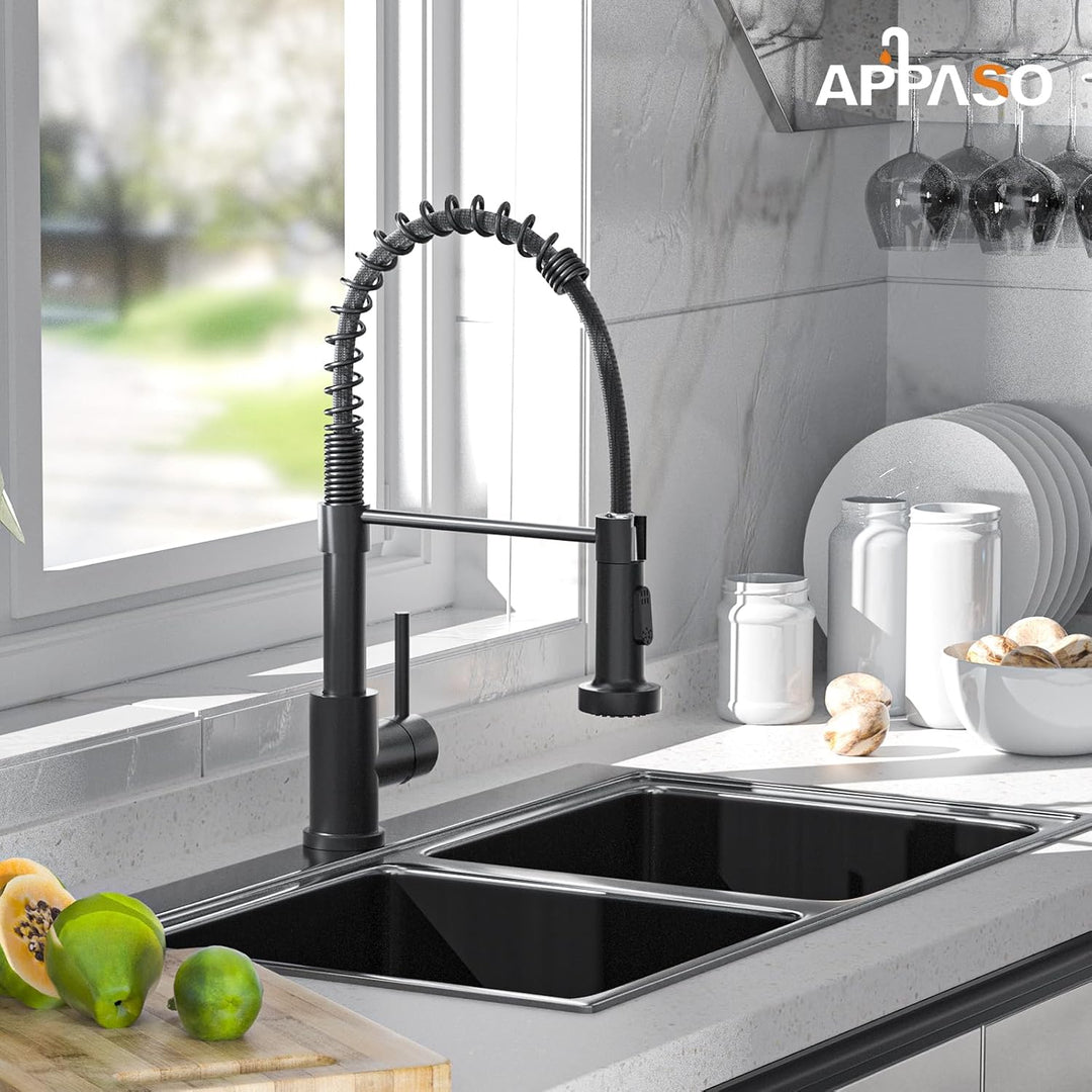 APPASO Wasserhahn Küche Schwarz, Hochdruck Küchenarmatur Schwarz mit Brause, Mischbatterie Küche mit