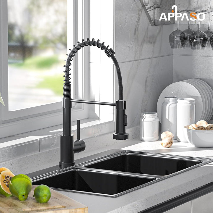APPASO Wasserhahn Küche Schwarz, Hochdruck Küchenarmatur Schwarz mit Brause, Mischbatterie Küche mit