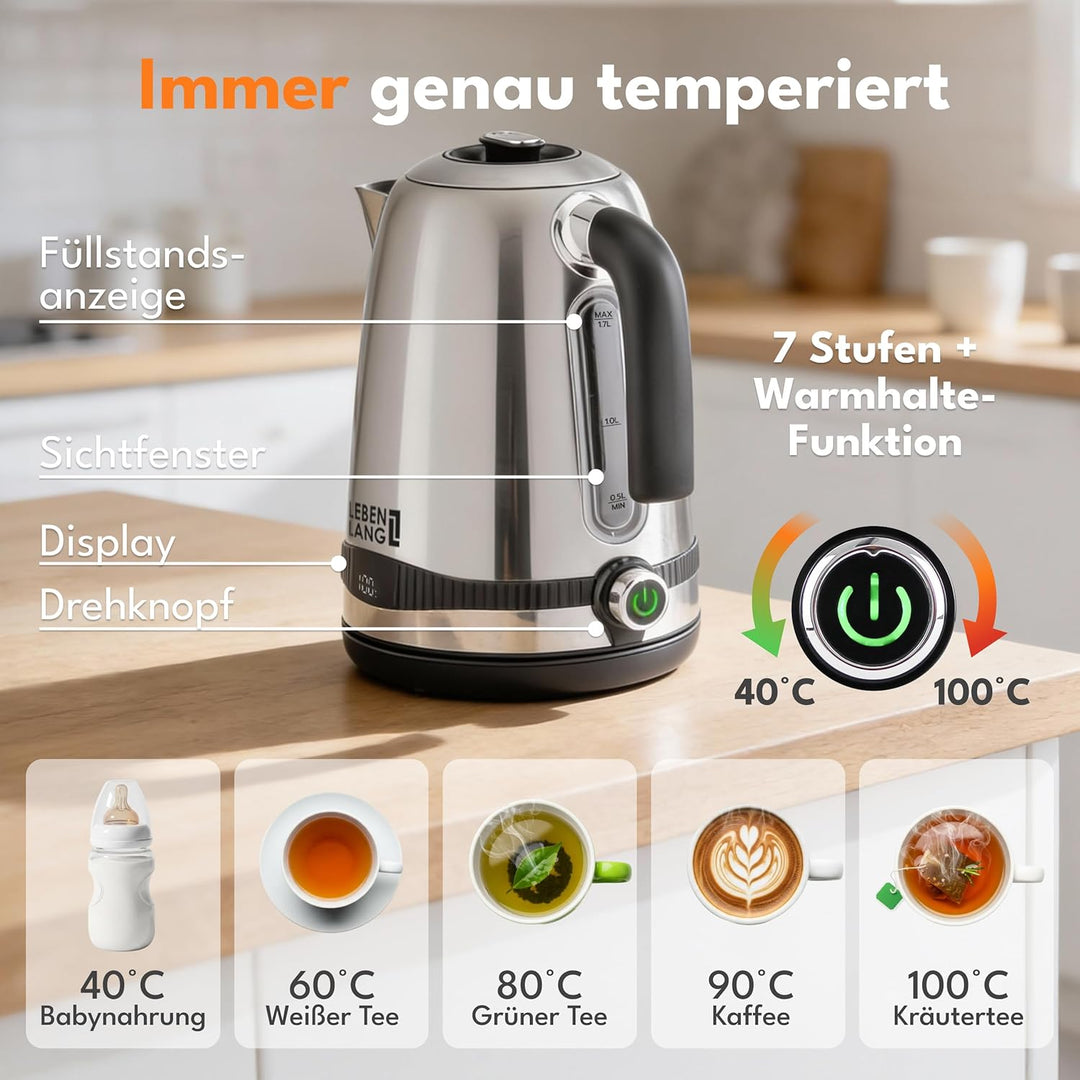 LEBENLANG Wasserkocher Edelstahl Temperatureinstellung – Leise, Temperaturanzeige & Warmhaltefunktio