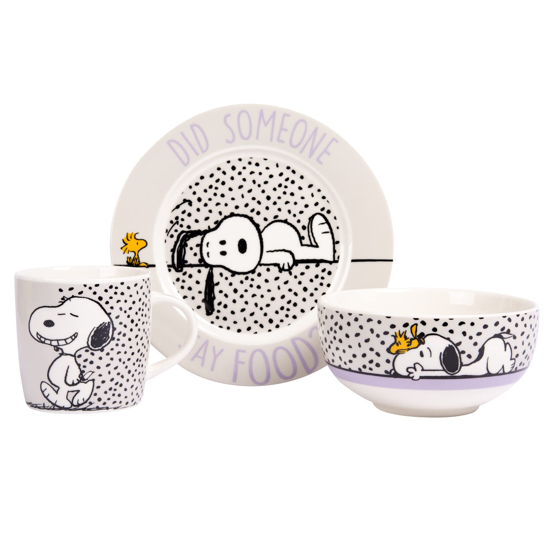 United Labels Snoopy Frühstücksset Kinder, Snoopy Did someone say food, Geschirr Set Porzellan, 3-te