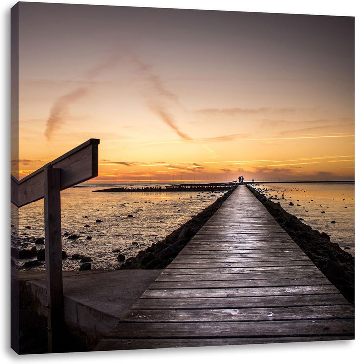Pixxprint Langer Steg im Sonnenuntergang an der Nordsee, Format: 70x70 auf Leinwand, 70x70